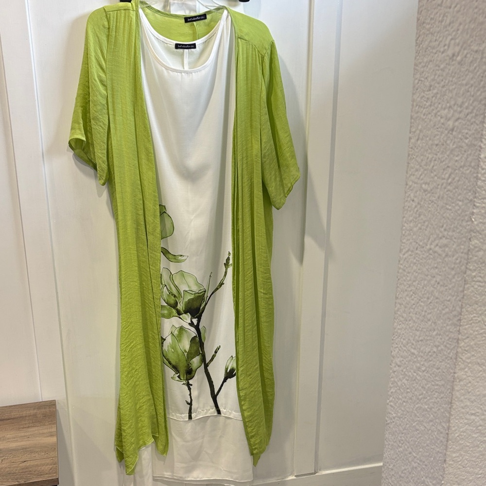 White Floral Slip Dress with Lime Open Cardigan